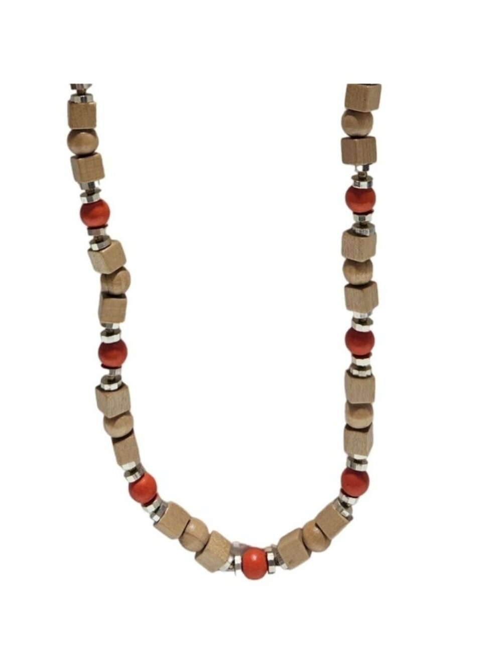 Handmade Wood Bead Chunky Necklace Red Accent Natural Boho Fashion Jewelry Women